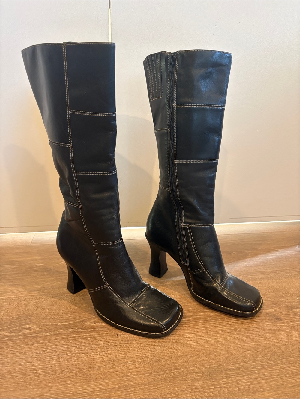 Y2K Wild Pair Leather Tall Boots 7.5 Dark Brown Contrast Stitching